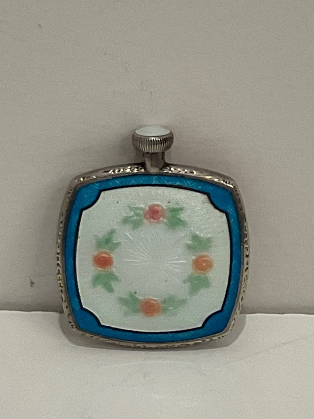 Vintage Sterling Silver Blue Enamel Perfume Pendant Hand Painted Floral Wreath